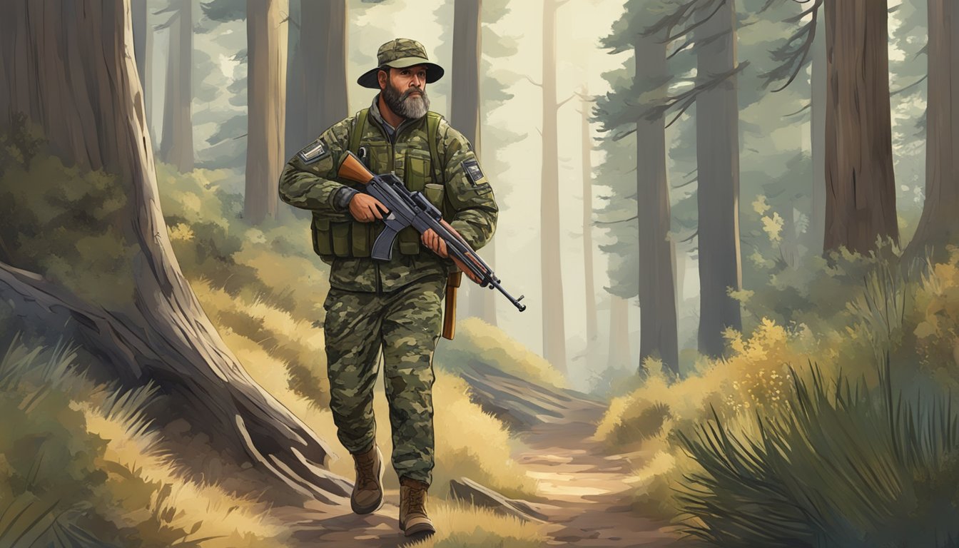 A hunter in camouflage, carrying a rifle, walks through a forest on public lands in California