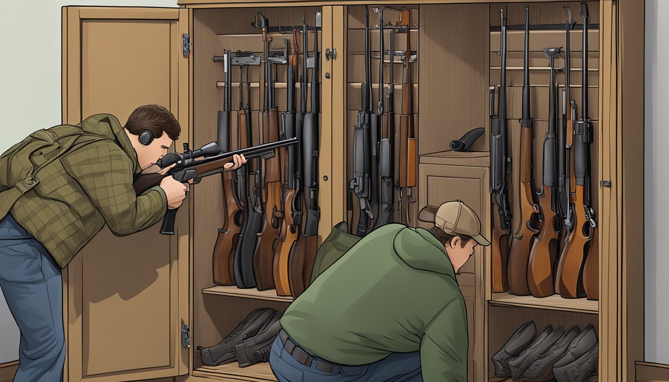 A hunter in Arkansas carefully storing his firearms in a locked gun cabinet, following state regulations