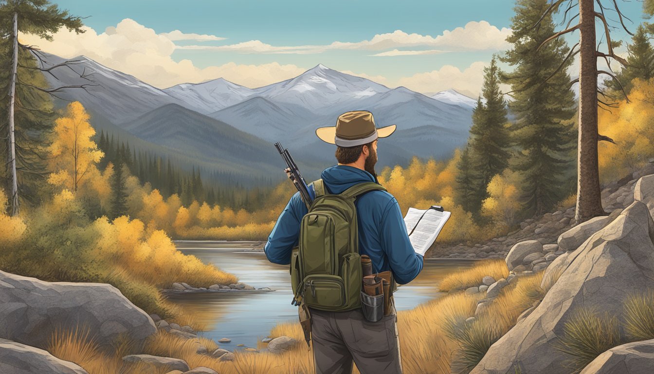 A hunter in Colorado checking firearm regulations before heading into the wilderness for wildlife management and conservation