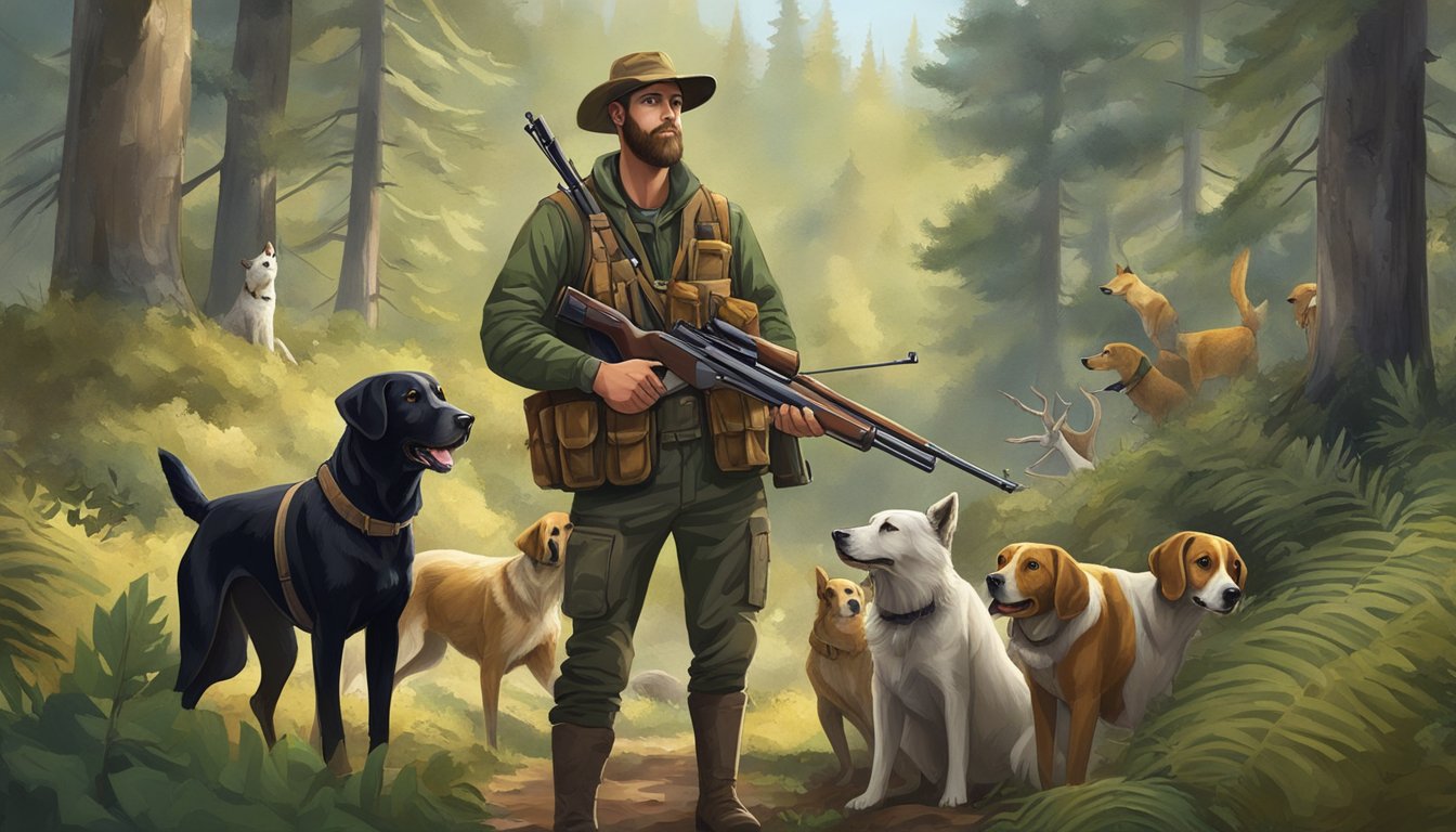 A hunter holding a rifle, accompanied by hunting dogs, in a forested area with various wildlife and vegetation