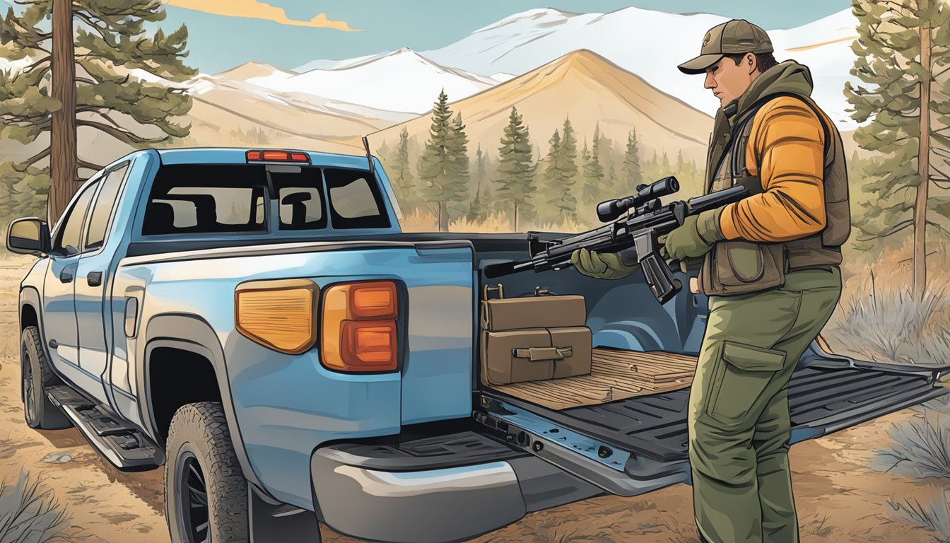 A hunter in Colorado checks firearm regulations while loading gear into a pickup truck