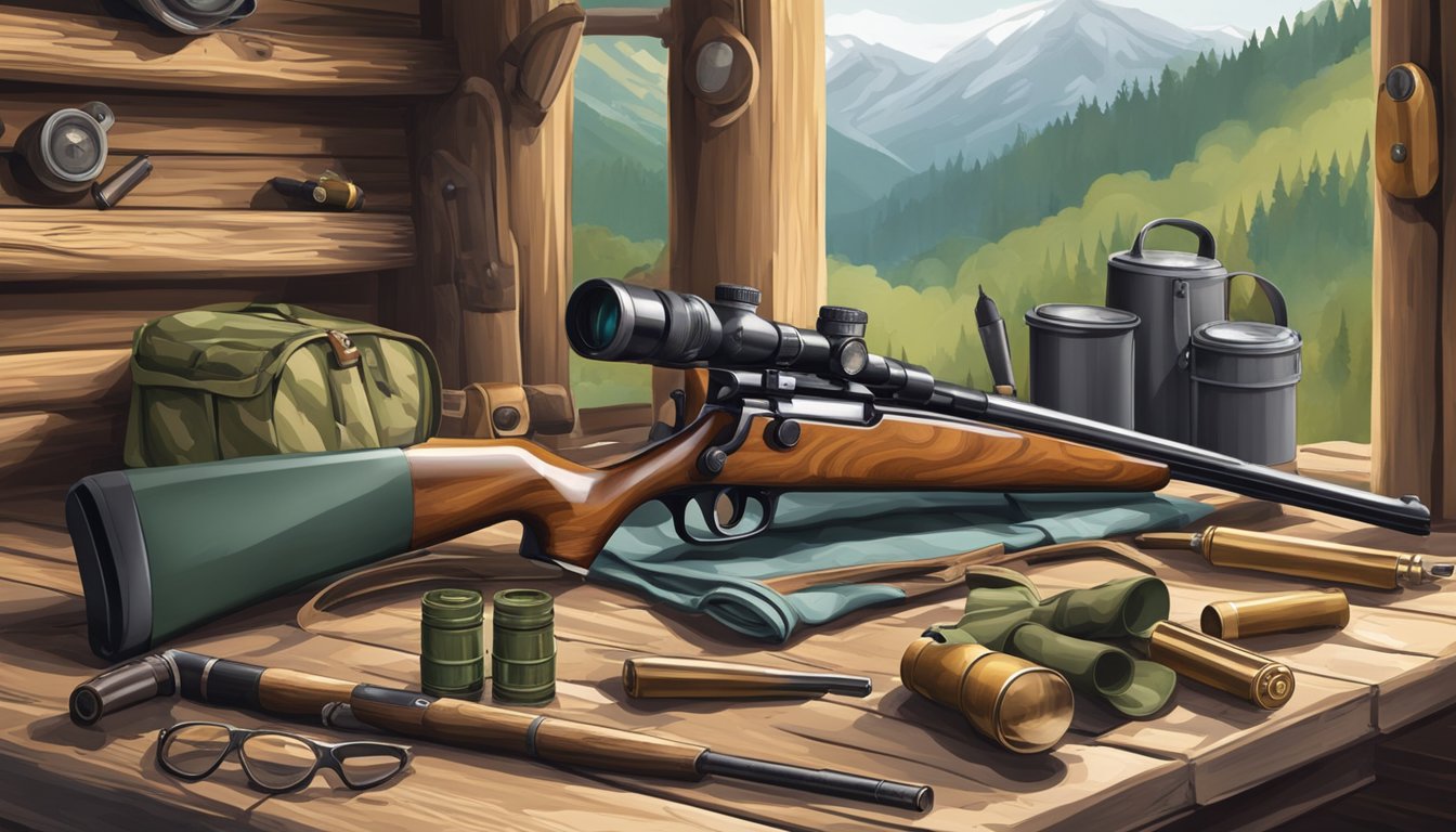 A hunter's gear laid out: rifle, ammunition, camouflage clothing, and a pair of binoculars on a wooden table in a rustic cabin