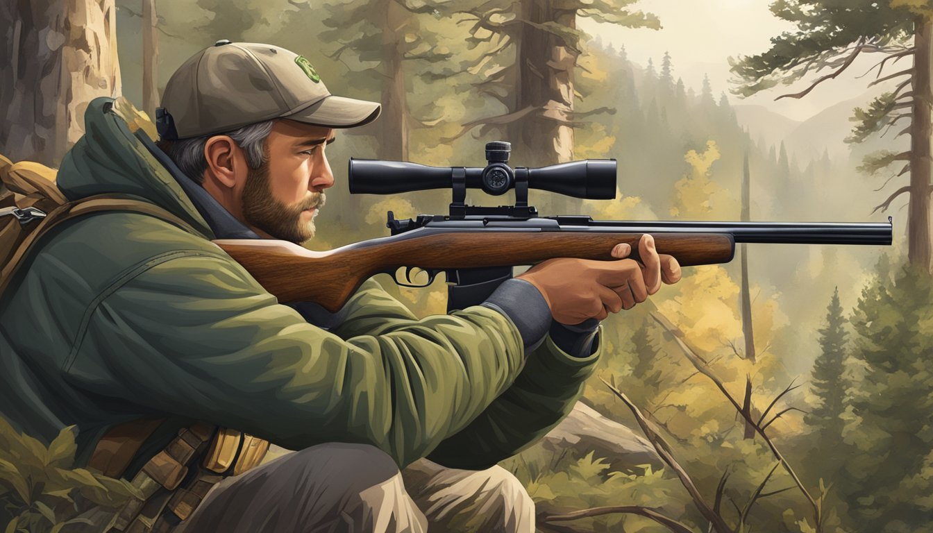 A hunter in Colorado aiming at various game with a firearm in a natural, wooded setting