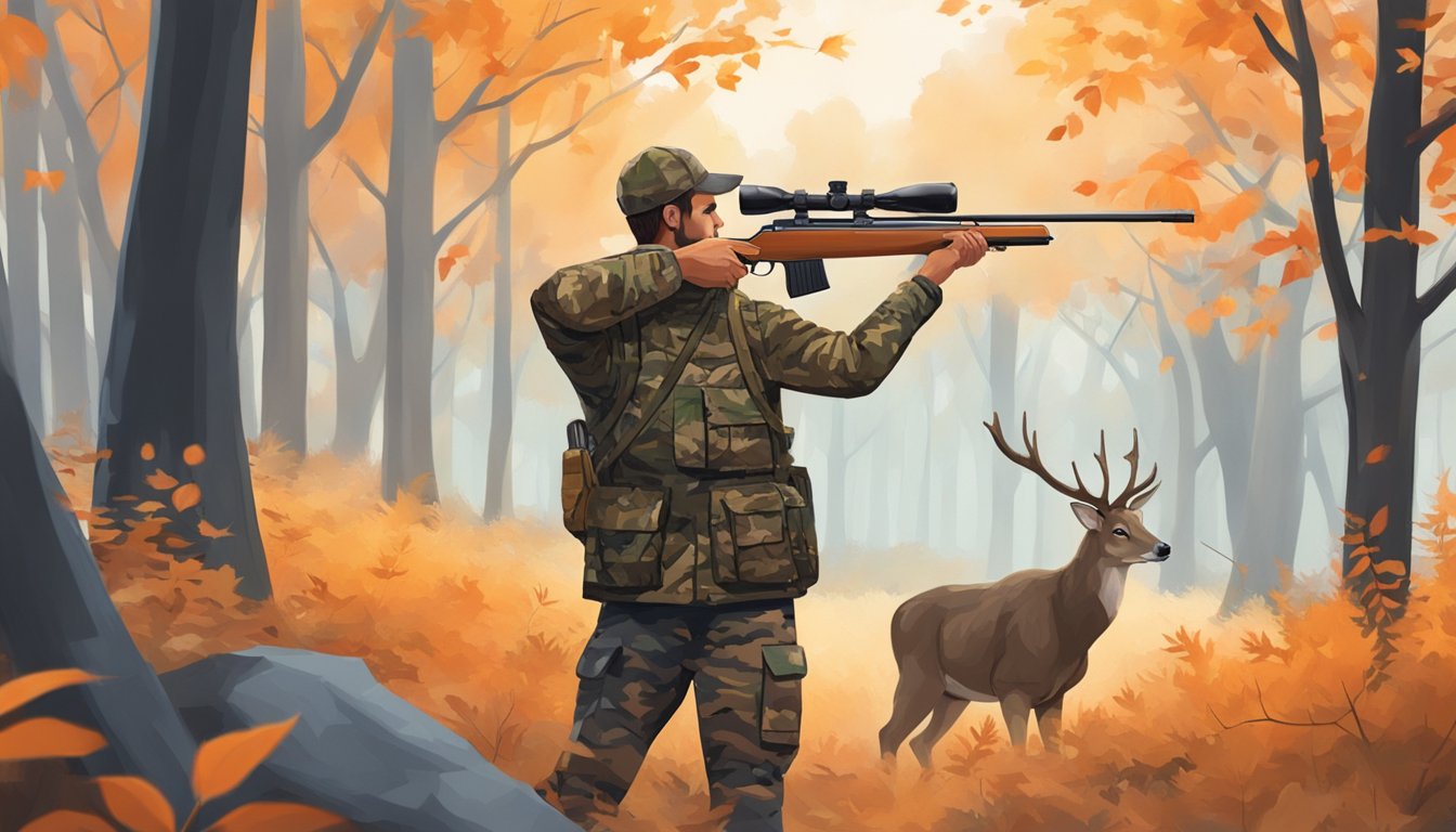 A hunter in camouflage aims a rifle at a deer in a wooded area with orange leaves and a clear sky