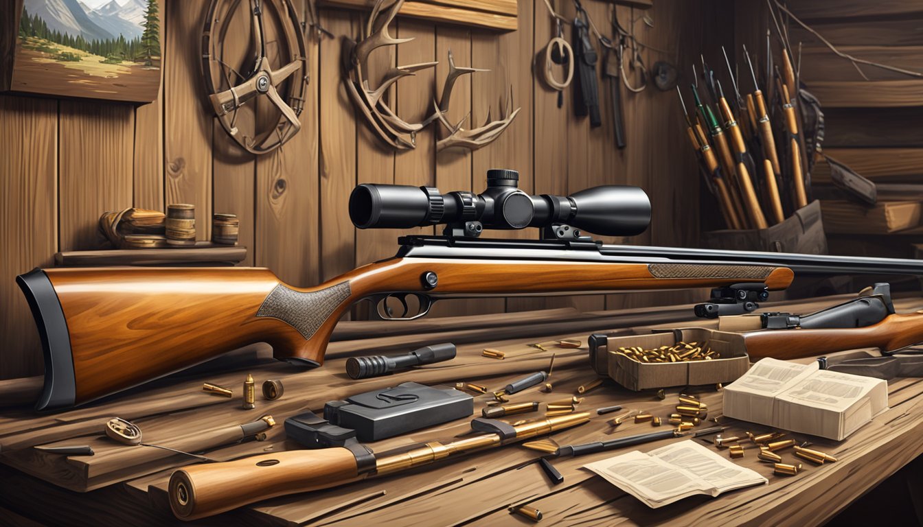 A hunting rifle and a compound bow lay on a wooden table, surrounded by scattered ammunition and arrows. The setting is a rustic cabin with hunting gear displayed on the walls