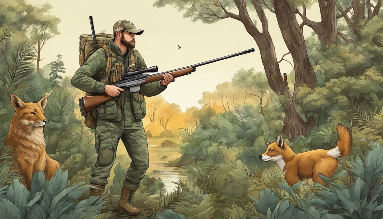 A hunter in camouflage holding a rifle, surrounded by trees and bushes. Various animals and birds in the background