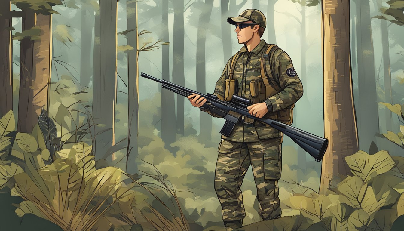 A hunter in camouflage clothing holding a rifle with a scope, standing in a wooded area with signs displaying hunting regulations