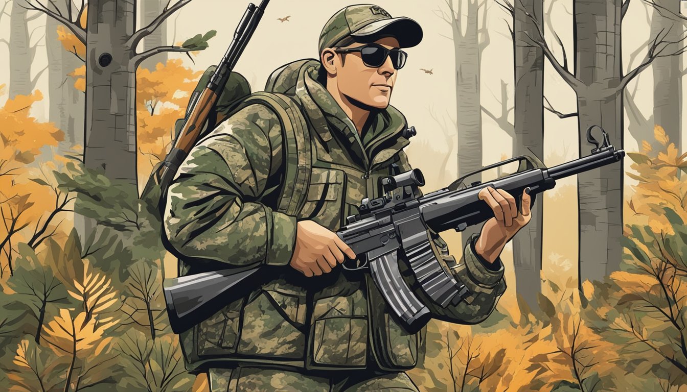 A hunter in camouflage holding a rifle, surrounded by trees and wildlife, with a sign indicating "Special Hunting Seasons and Programs" in the background