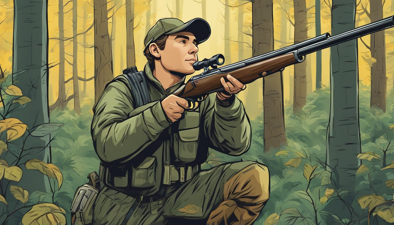 A hunter in a forest with a shotgun, surrounded by "No Hunting" signs