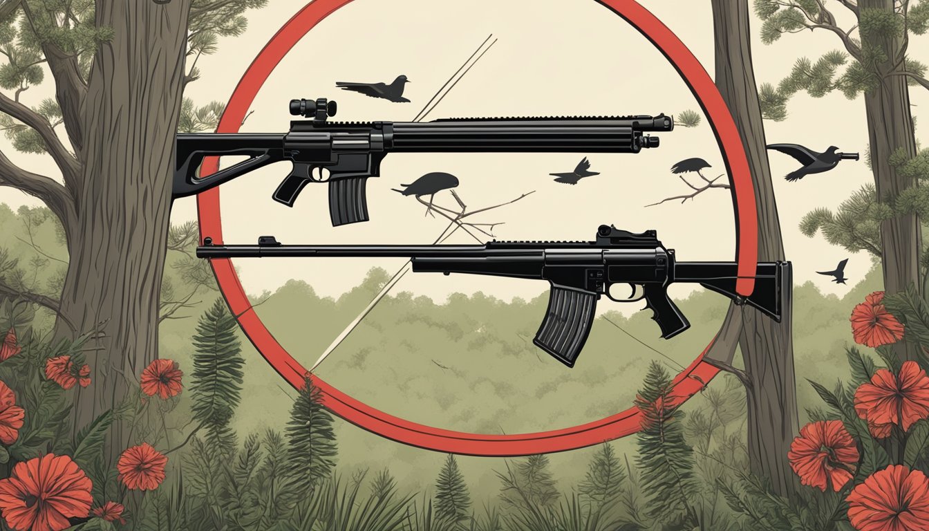 A sign with a red circle and line crossing out a rifle, shotgun, and handgun, with a background of trees and wildlife