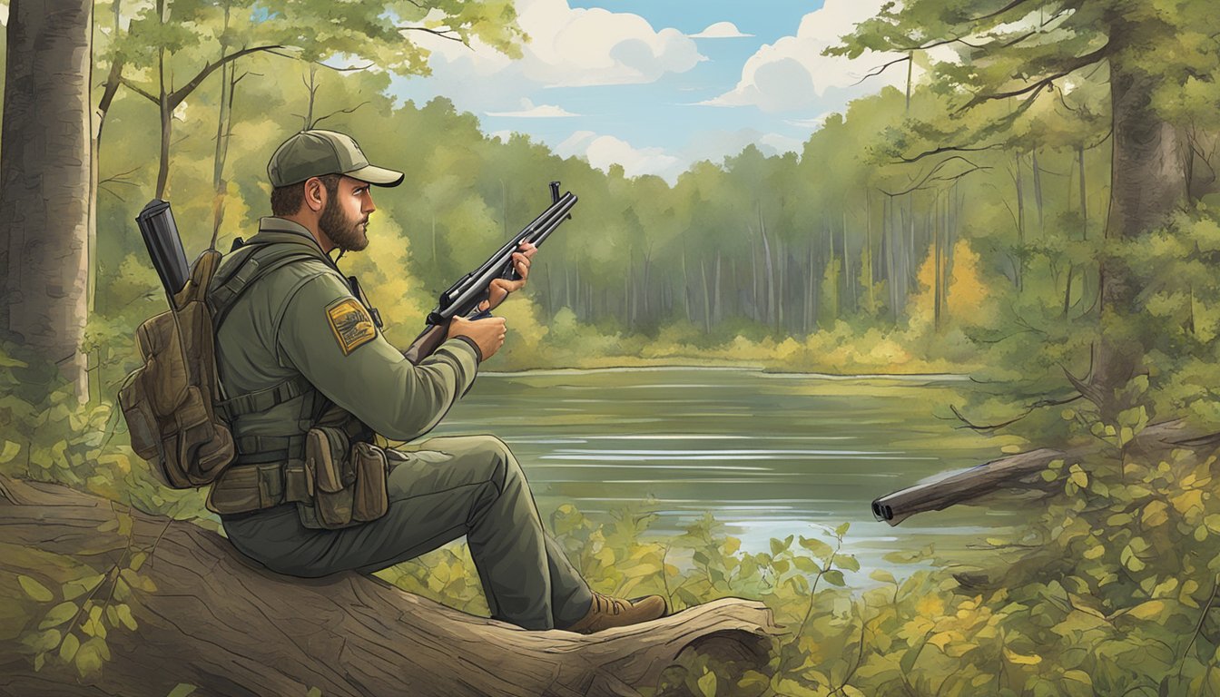 A hunter in Delaware checking firearm regulations in a woodland setting