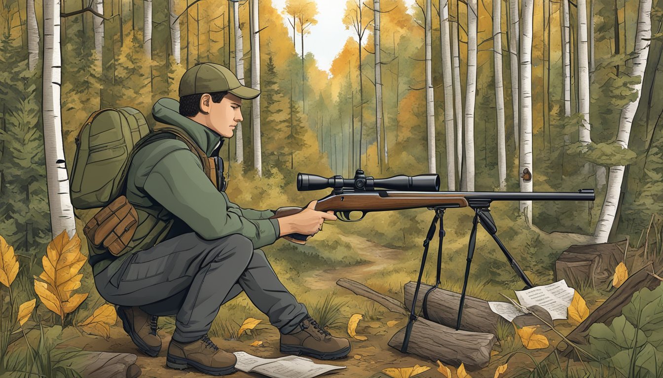 A hunter carefully checks their firearm before heading into the woods, surrounded by signs displaying hunting regulations and ethical guidelines