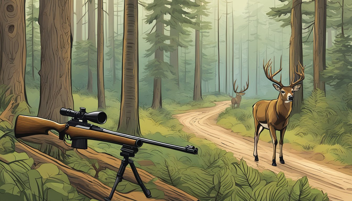 A forest clearing with a hunter's rifle, a deer, and a sign displaying hunting seasons and game limits in Georgia