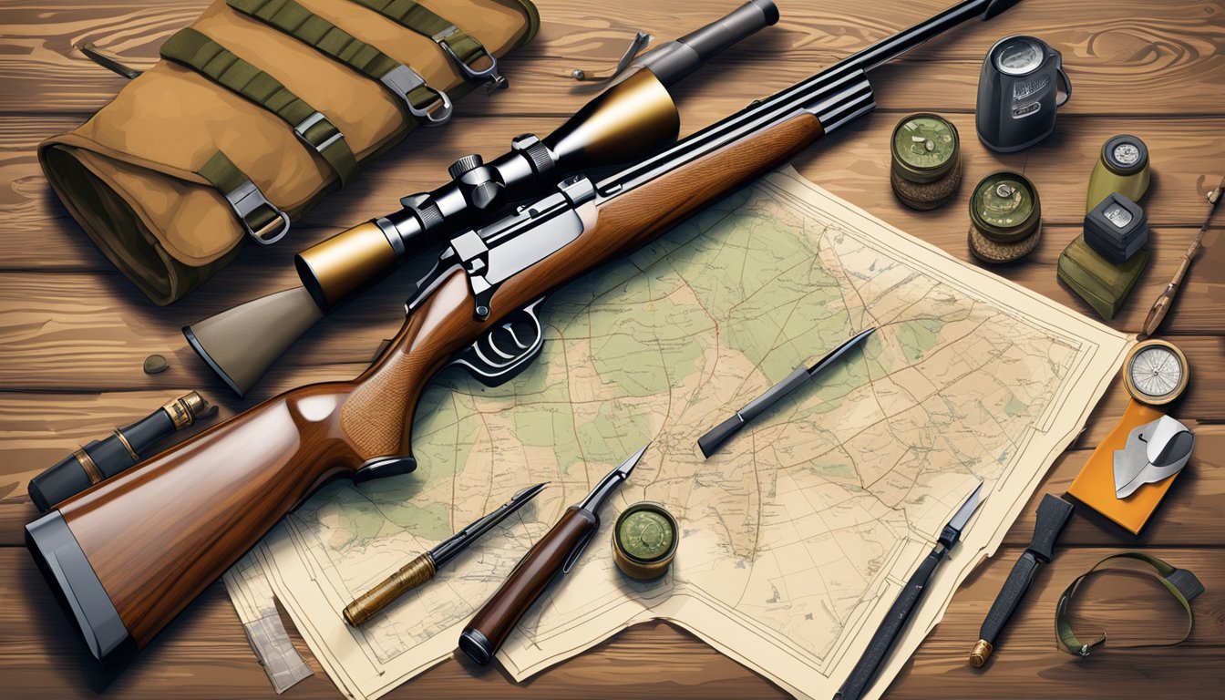 A hunter's gear laid out on a wooden table: a rifle, ammunition, a hunting knife, and a map of the hunting area