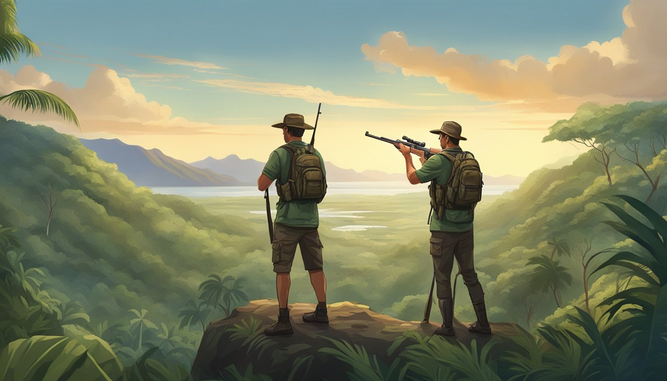 A hunter in Hawaii holding a rifle while standing in a wooded area, with a clear view of the surrounding landscape and wildlife