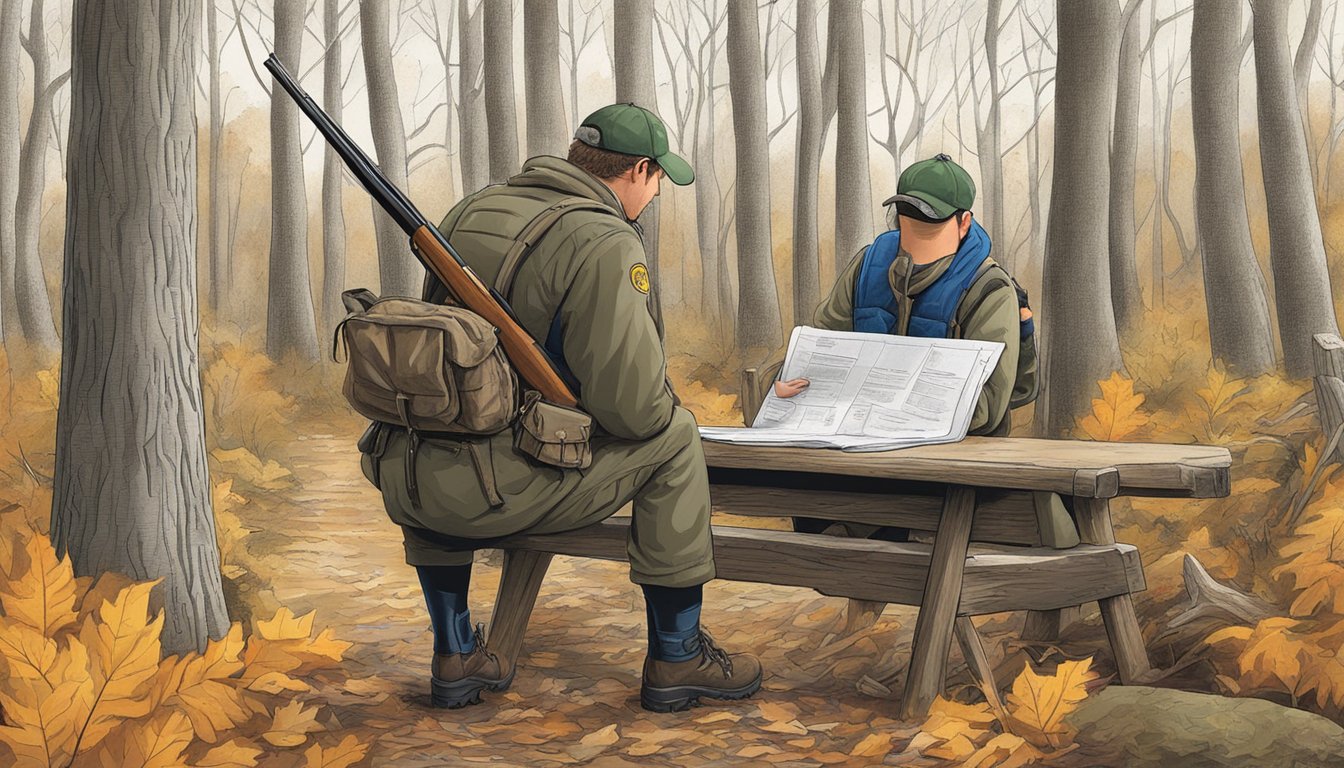 A hunter in Connecticut checks firearm regulations before heading into the woods. They review hunting laws and safety guidelines before setting out