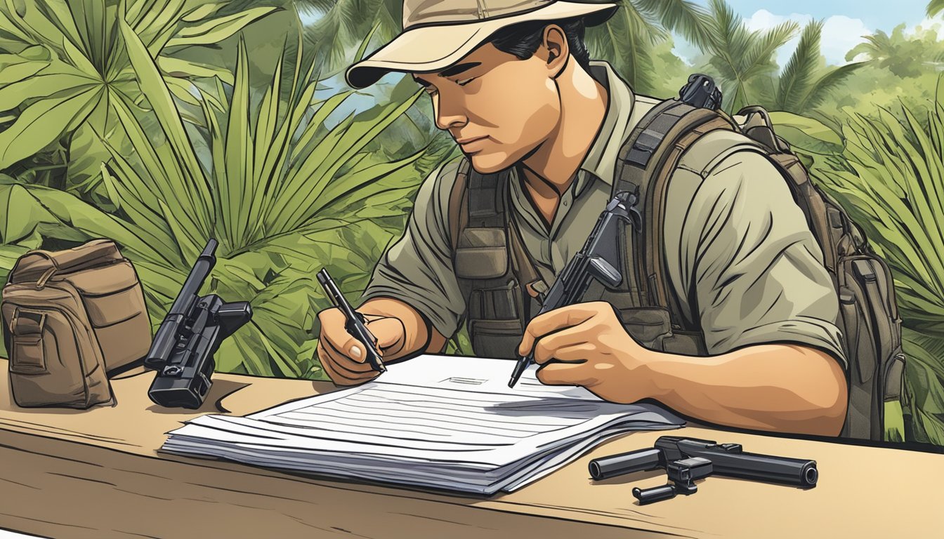 A hunter in Hawaii fills out paperwork to acquire and register a firearm, following the state's hunting firearm regulations