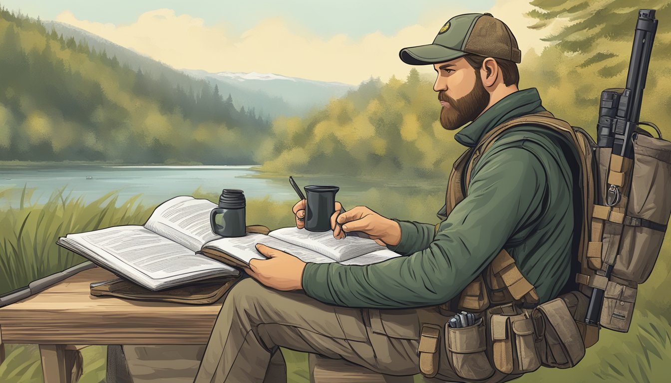 A hunter in Georgia, checking a detailed guidebook on firearm regulations before heading out for a specialized hunting expedition