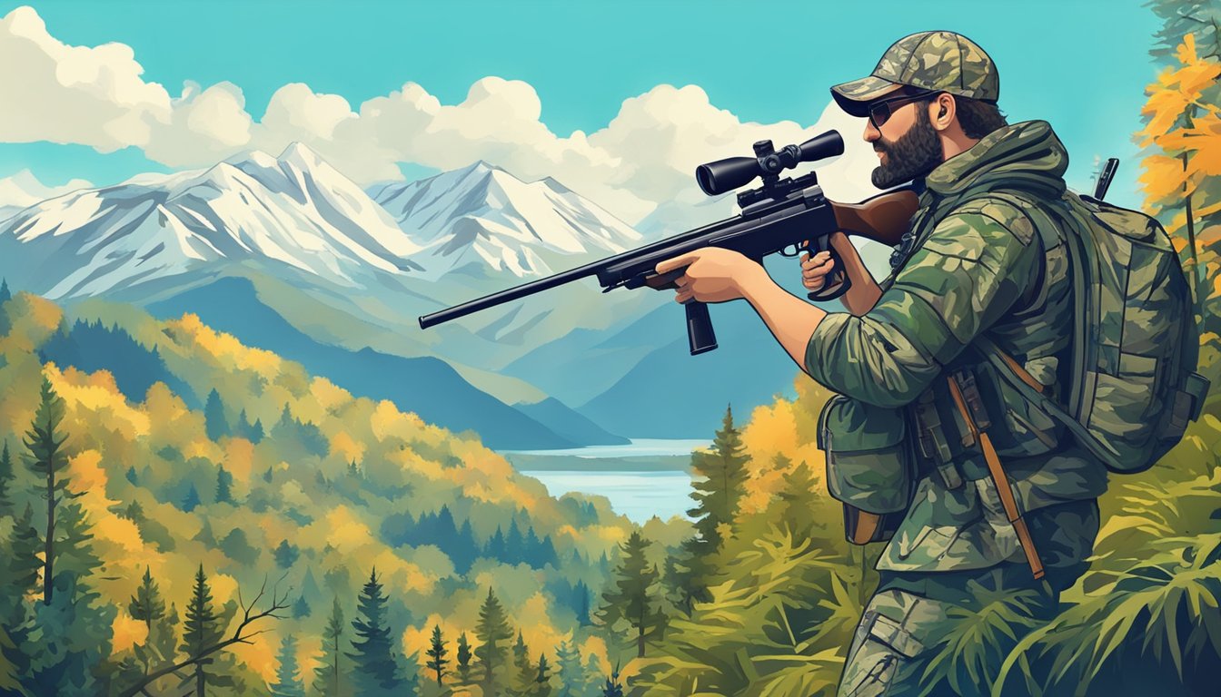 A hunter in camouflage with a firearm, standing in a lush forest with a clear view of the mountains, under a bright blue sky