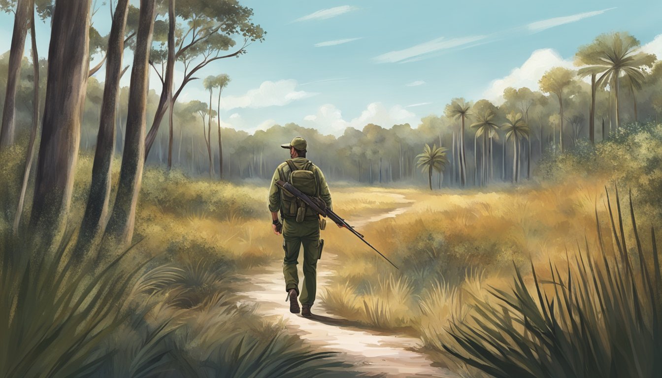 A hunter carrying a firearm walks through the Florida wilderness during hunting season. The landscape includes trees, bushes, and a clear sky