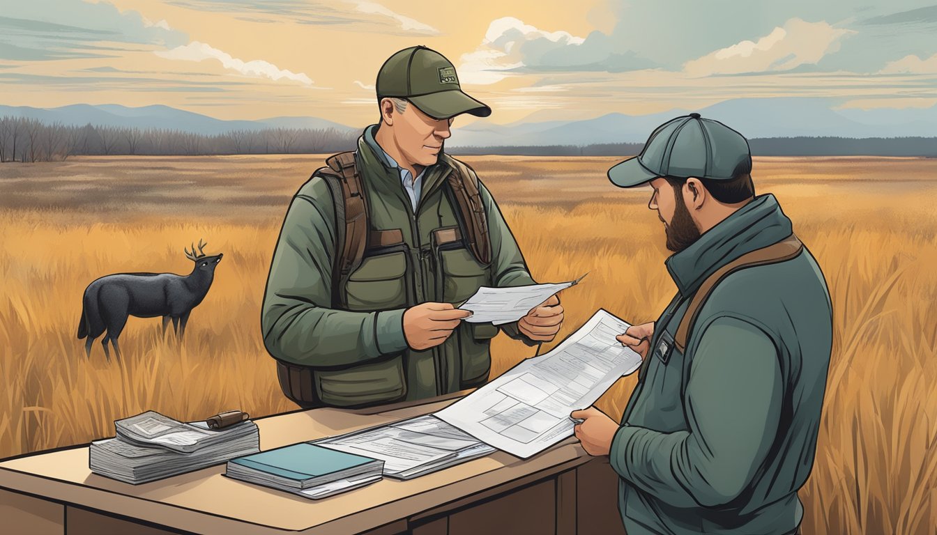 A hunter holding a firearm while checking a hunting license and eligibility requirements with an official at an Illinois wildlife agency office