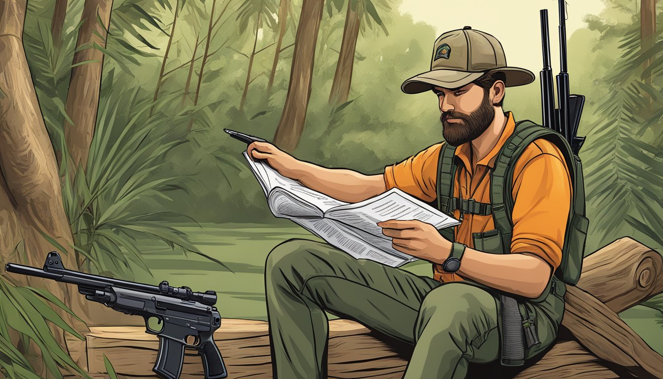 A hunter in Florida reads a safety and education manual on firearm regulations before heading out for a hunting trip