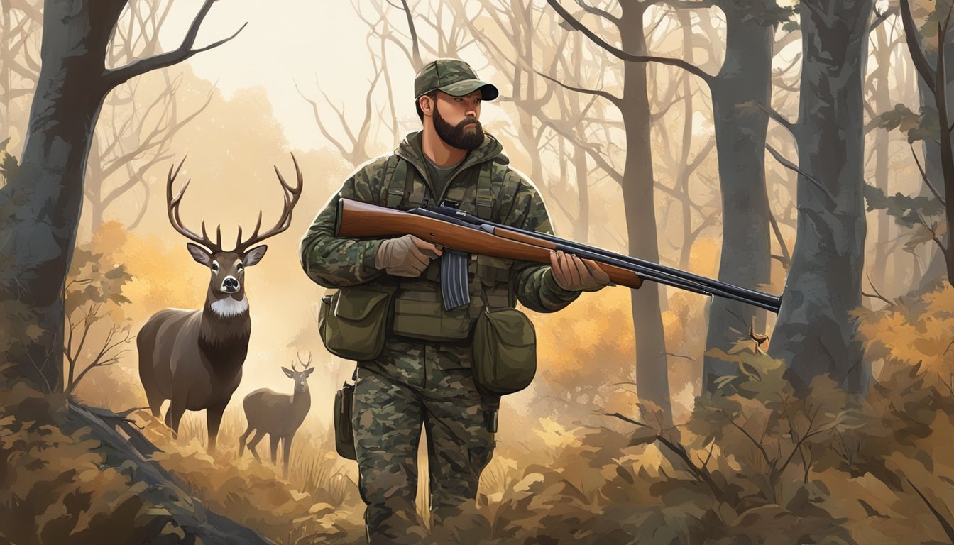 A hunter in camouflage holding a shotgun, surrounded by trees and brush, with a deer or turkey in the distance