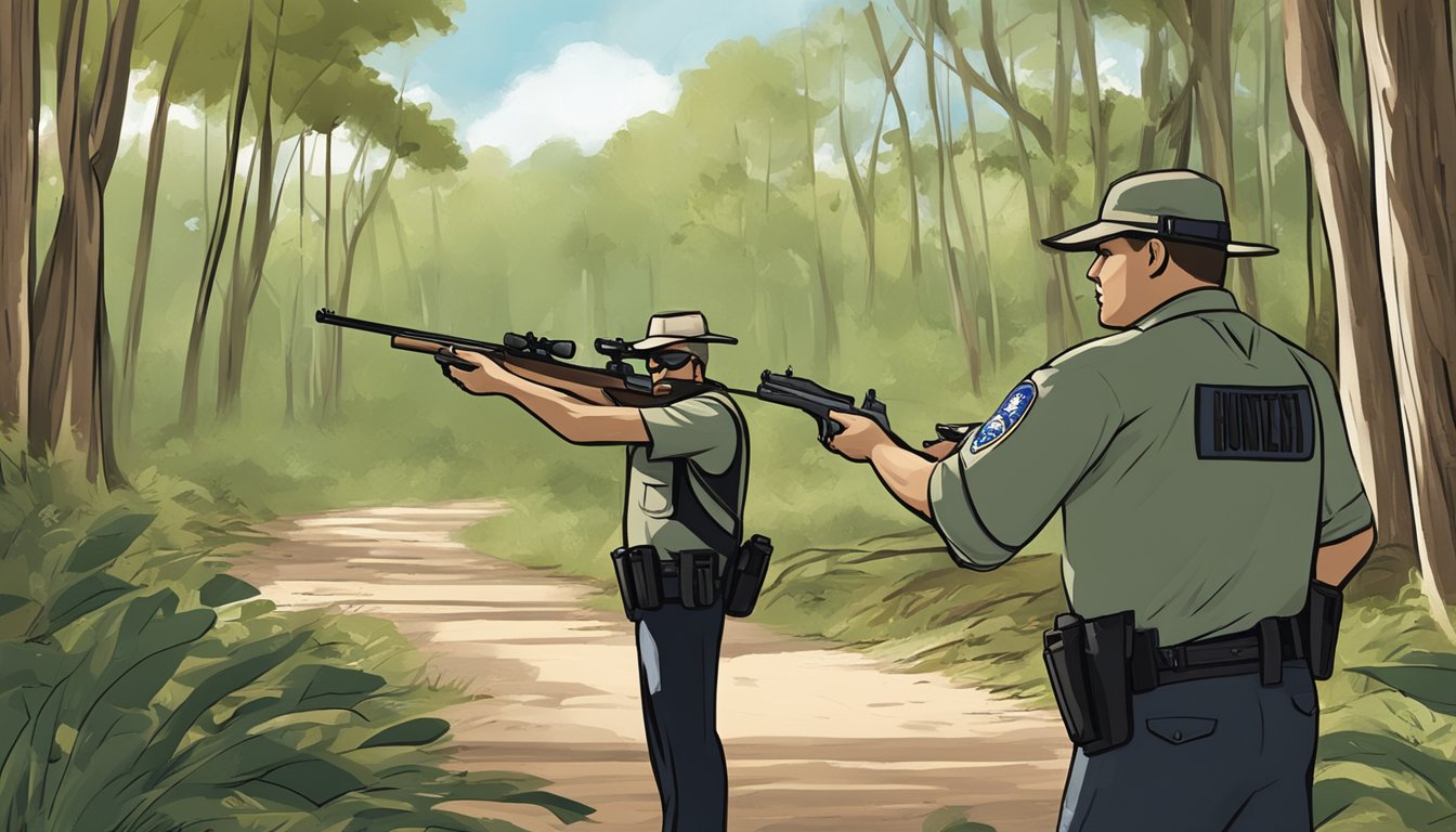 A hunter in Florida showing their firearm permit to a law enforcement officer in a wooded area