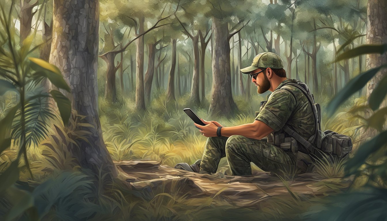 A hunter in Florida checking the regulations on a smartphone while sitting in a camouflaged hunting blind surrounded by trees and wildlife