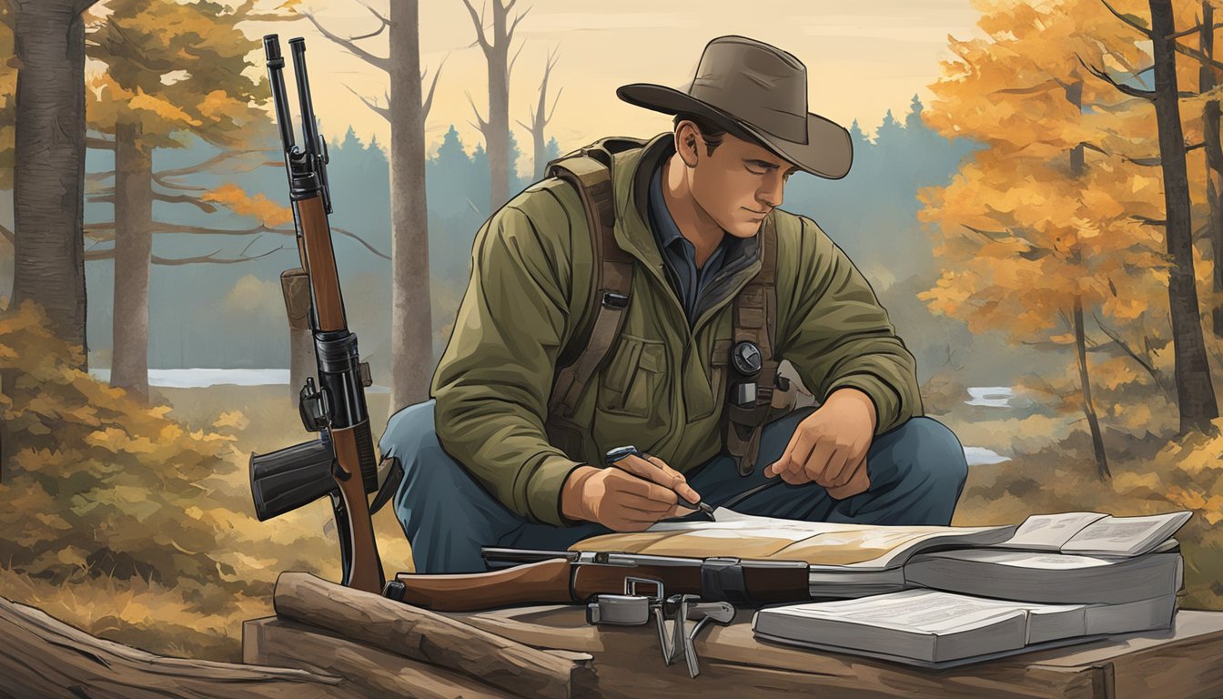 A hunter in Illinois carefully checking the firearm regulations before heading out for a hunt