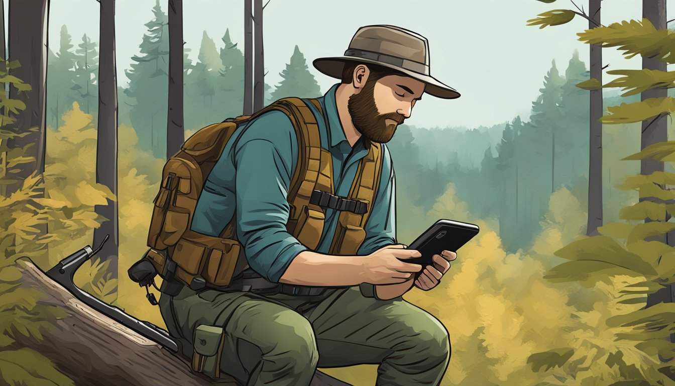 A hunter in Illinois checks firearm regulations on a digital device in a forest clearing