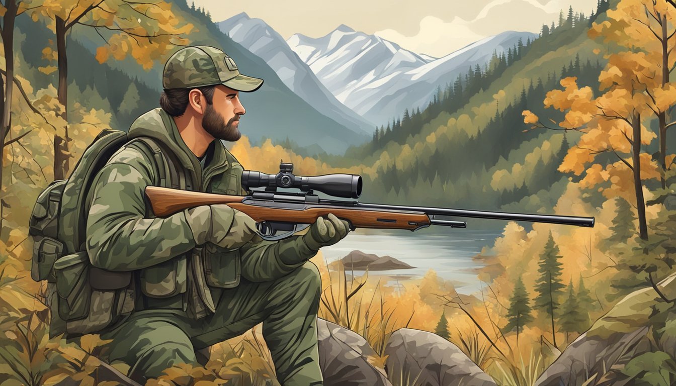 A hunter in camouflage holding a rifle, surrounded by forest and mountains