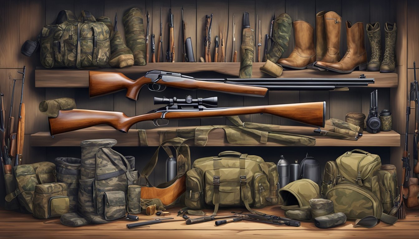 A collection of hunting gear and equipment, including rifles, bows, camouflage clothing, and various accessories, displayed in a rustic outdoor setting