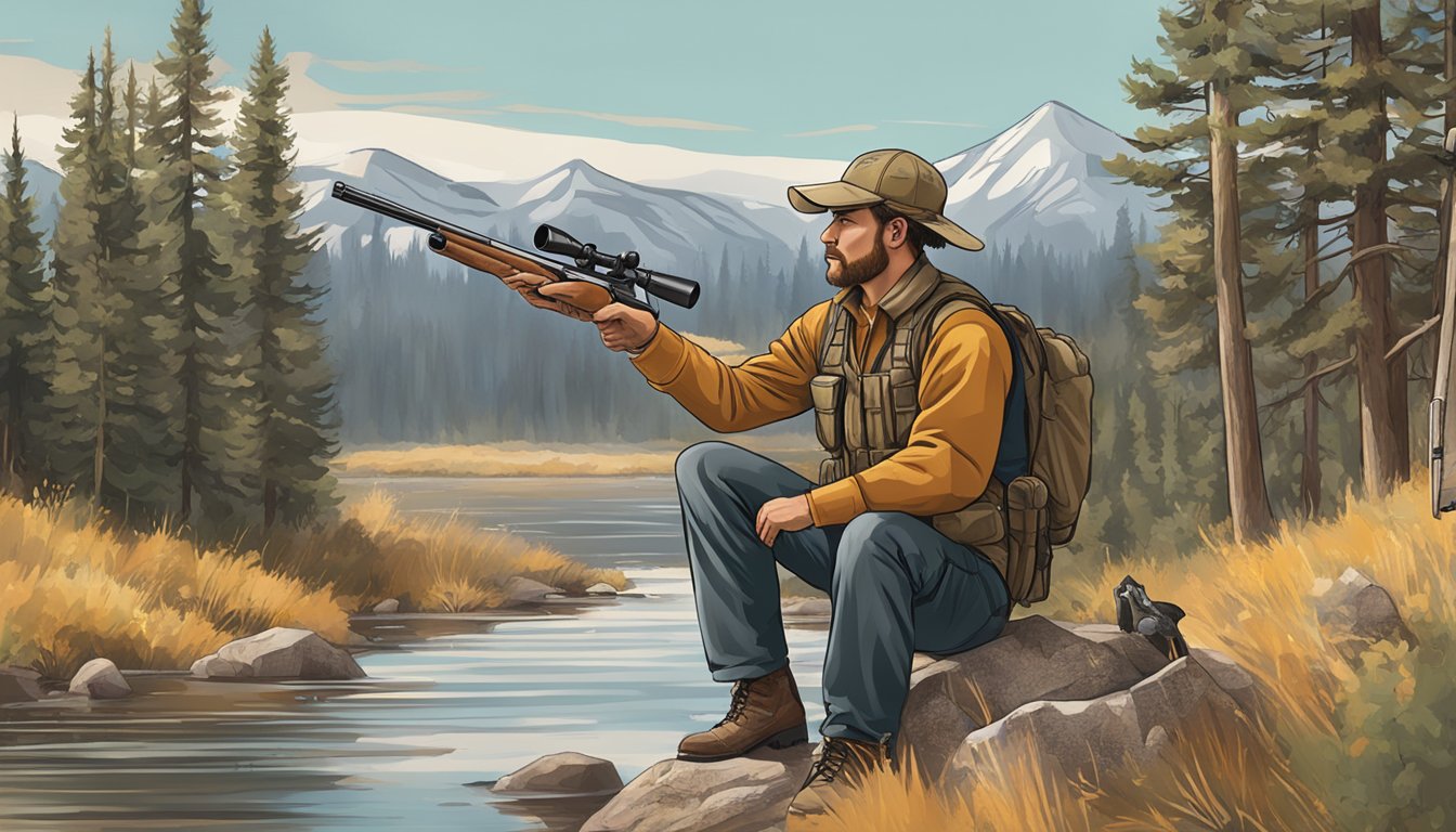 A hunter holding a firearm while studying Idaho hunting regulations and licensing materials