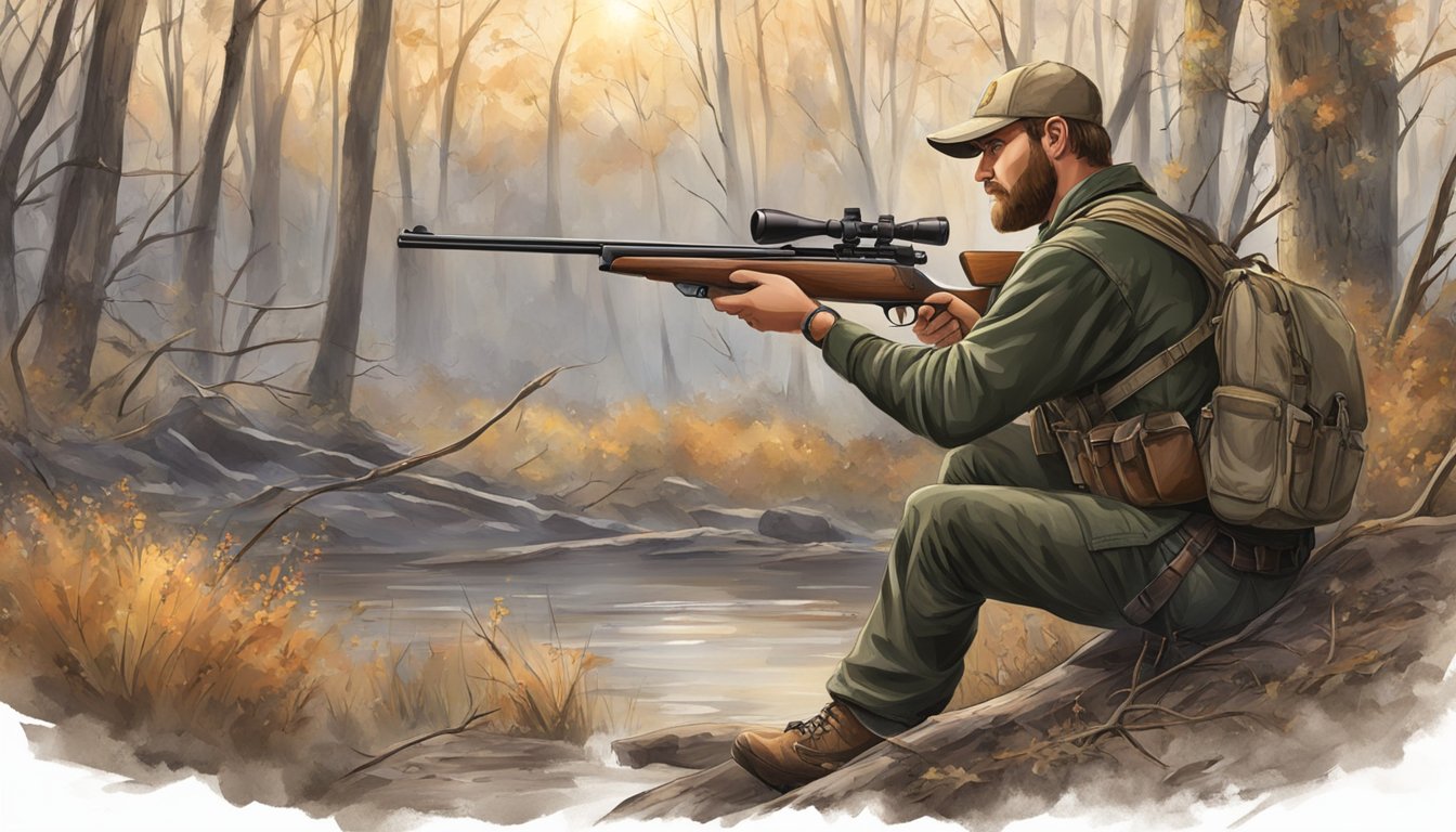 A hunter in Indiana follows regulations, using a firearm and practicing ethical hunting