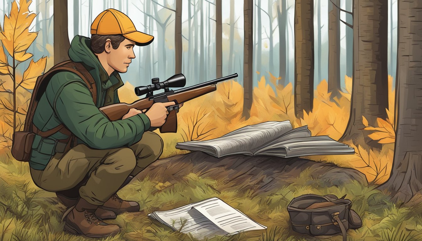 A hunter checking a regulation booklet in a forest clearing, surrounded by hunting gear and a firearm. The changing seasons are depicted in the background