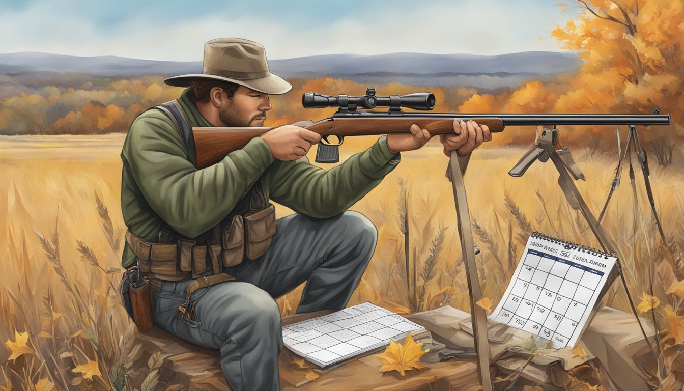 A hunter in Kansas setting up a firearm during various seasons with corresponding dates on a calendar