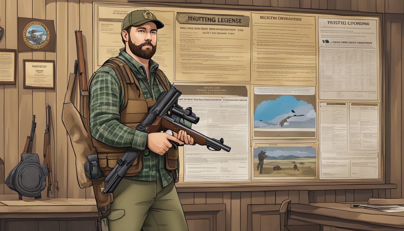 A hunter holding a firearm while standing in front of a Kentucky hunting license and regulations poster