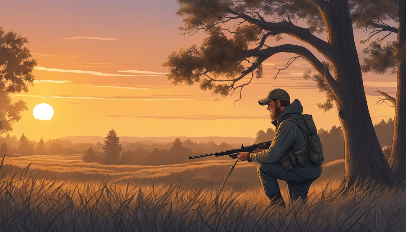 A hunter in Kansas carefully checks their firearm before heading out into the woods. The sun is just beginning to rise, casting a warm glow over the landscape