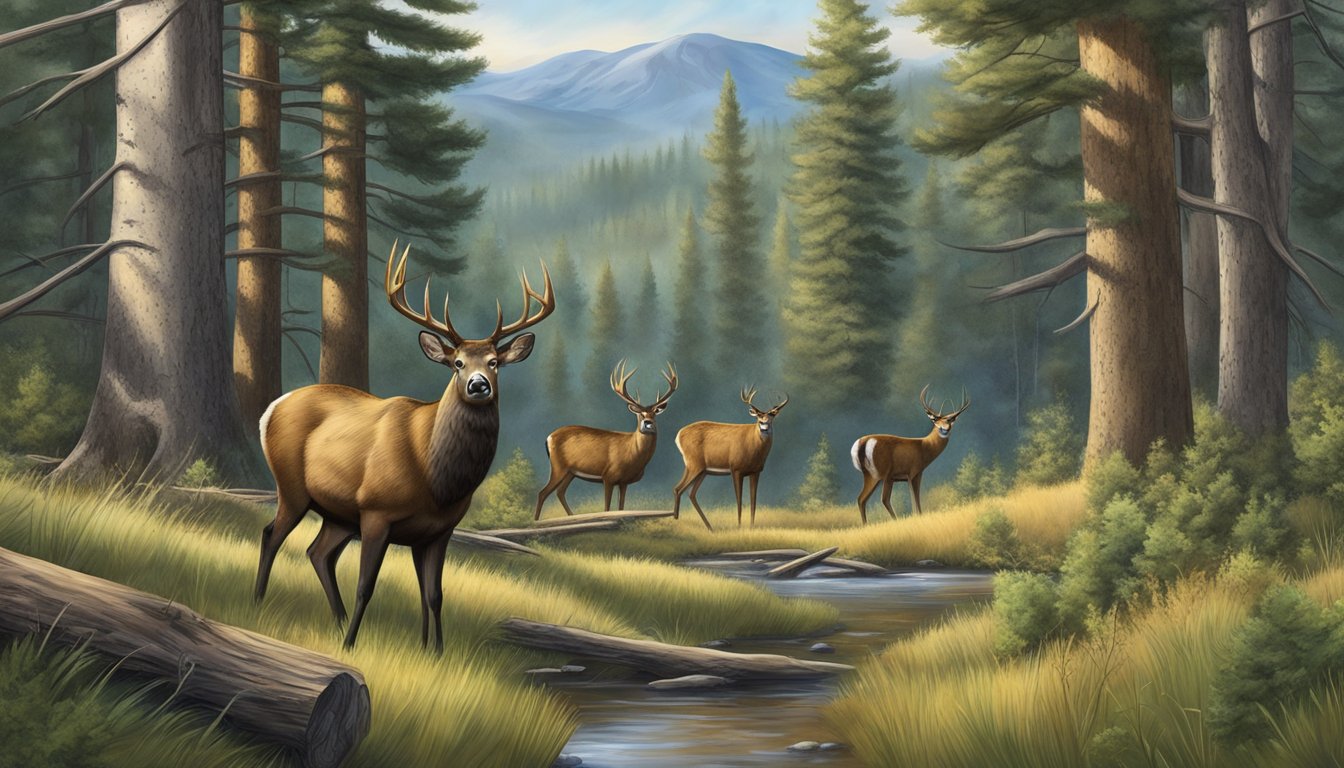 A serene forest with diverse wildlife, including deer, elk, and birds, coexisting in a protected habitat in Idaho under strict firearm hunting regulations