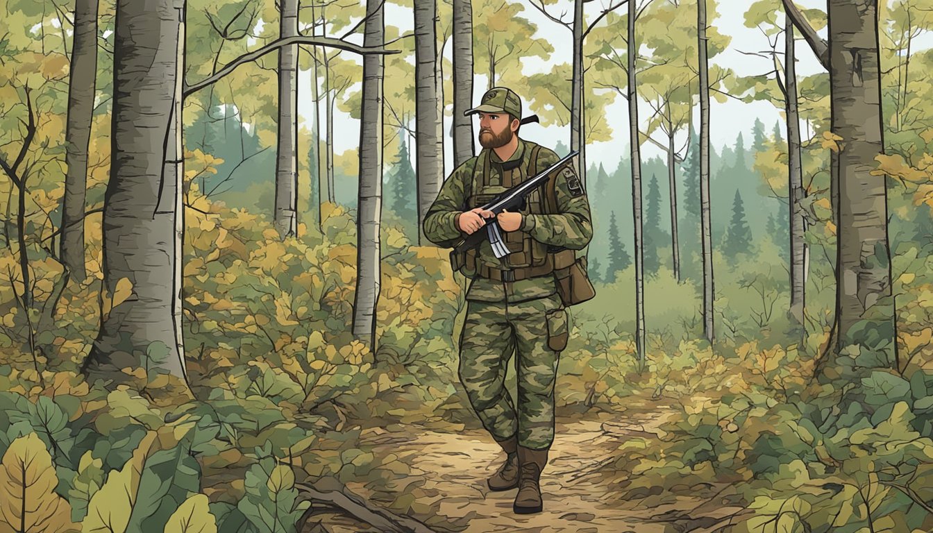 A hunter in camouflage holding a rifle in a forest clearing. A sign nearby displays Kentucky deer hunting regulations