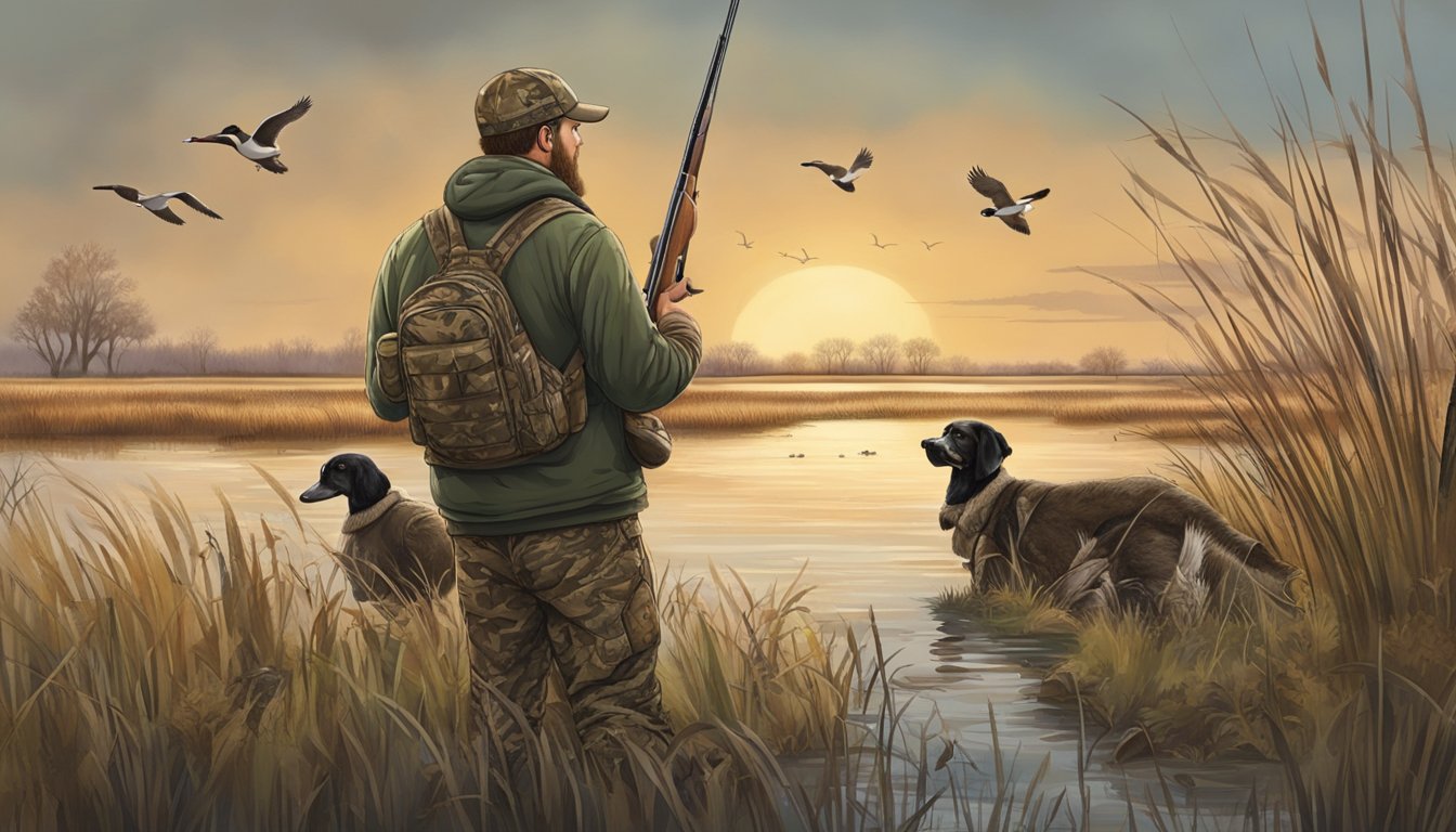 A hunter in camouflage aims a shotgun at ducks near a marsh in rural Kansas