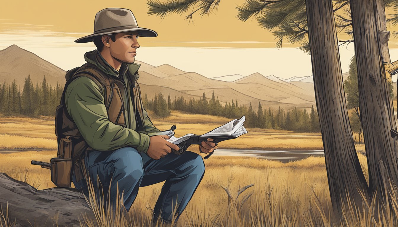 A hunter in Idaho studying a regulation pamphlet while holding a firearm