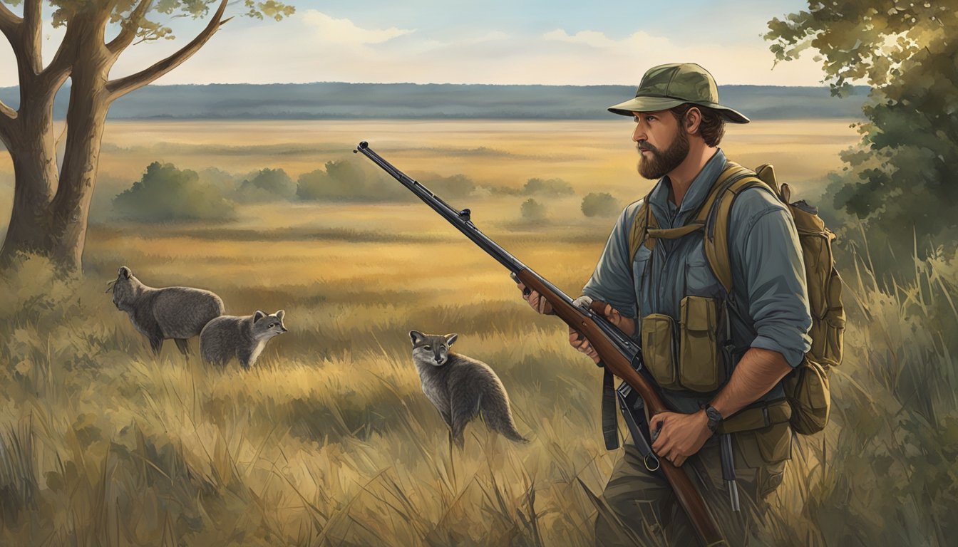 A hunter in Kansas stands in a field, holding a rifle and wearing appropriate hunting gear, surrounded by trees and wildlife