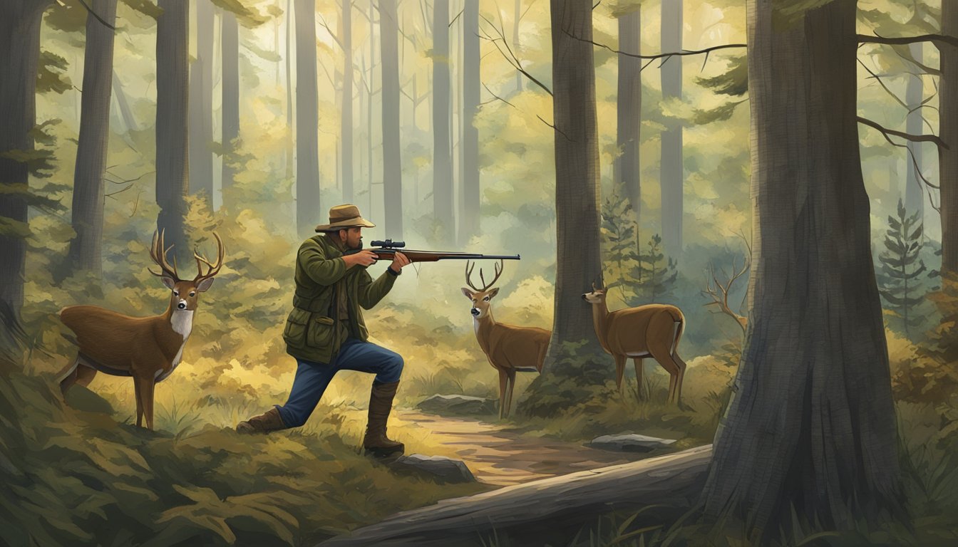 A hunter in Kentucky aims a rifle at a deer in a forest clearing during hunting season