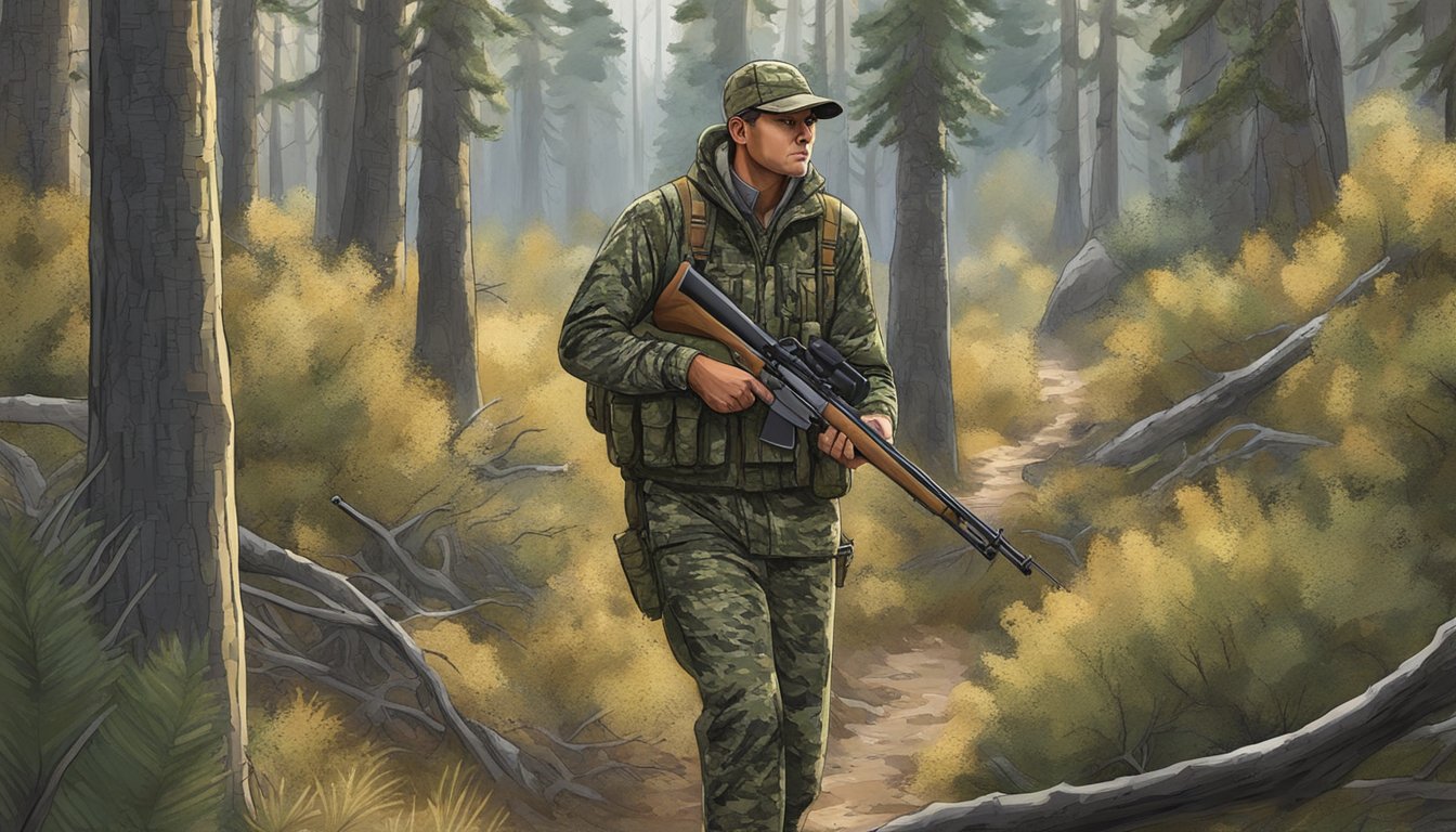 A hunter in camouflage navigating through dense forest with a rifle, while following Idaho's firearm regulations