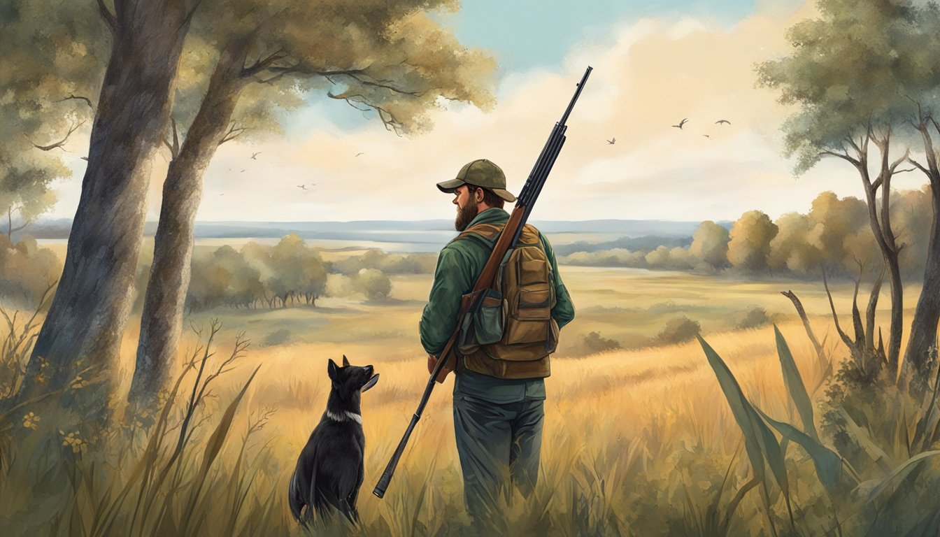 A hunter in Kansas, standing in a field with a shotgun, surrounded by trees and wildlife