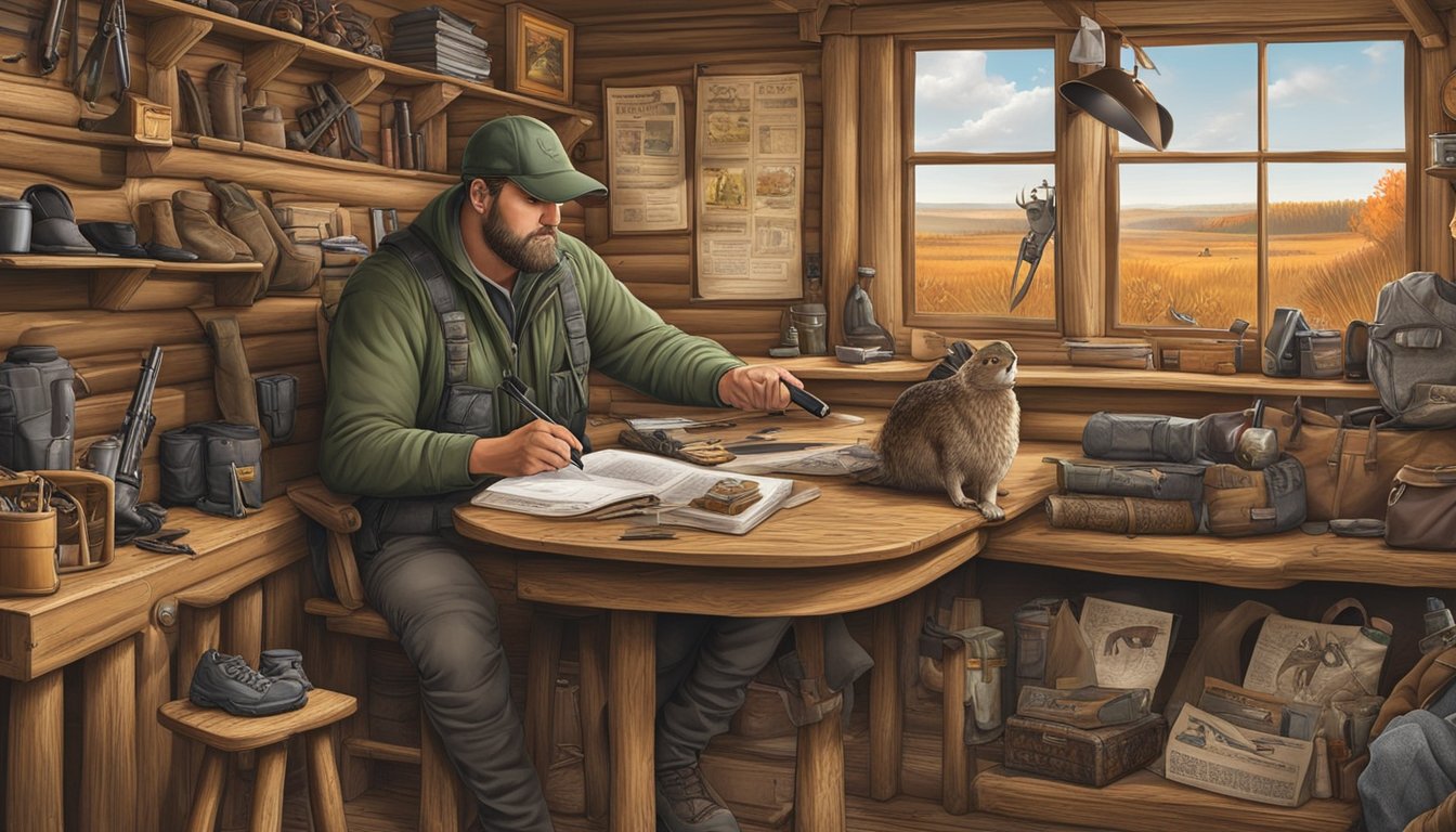 A hunter in Kansas checking firearm regulations in a cabin surrounded by hunting gear and wildlife posters