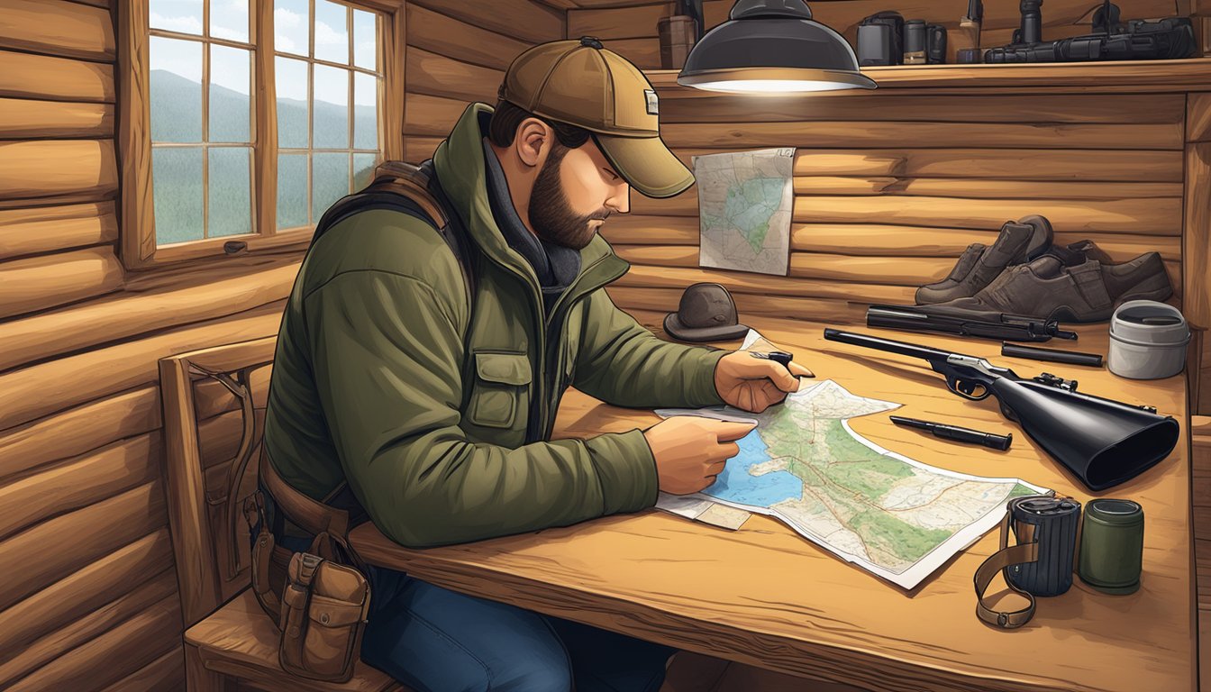 A hunter in Kentucky checking firearm regulations in a cabin with hunting gear and a map on the table