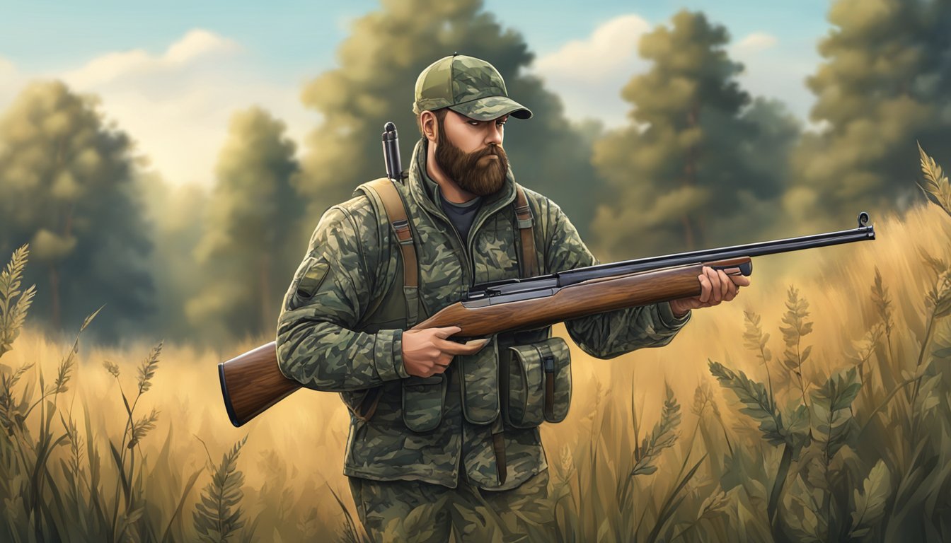 A hunter in camouflage holding a shotgun stands in a field with trees in the background